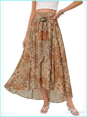 Boho Floral Maxi Skirt High Waisted Flowy Renaissance Western Skirt